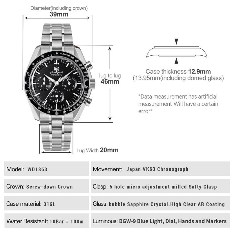 watchdives WD1860 WD1861 WD1863 Men's Chronograph Watch Japan VK63 Quartz Sports Watches 40mm Bubble Sapphire Crystal Wristwatch 100M Dive Watch (Black/ WD1863 Alpha-Hands) - Image 2
