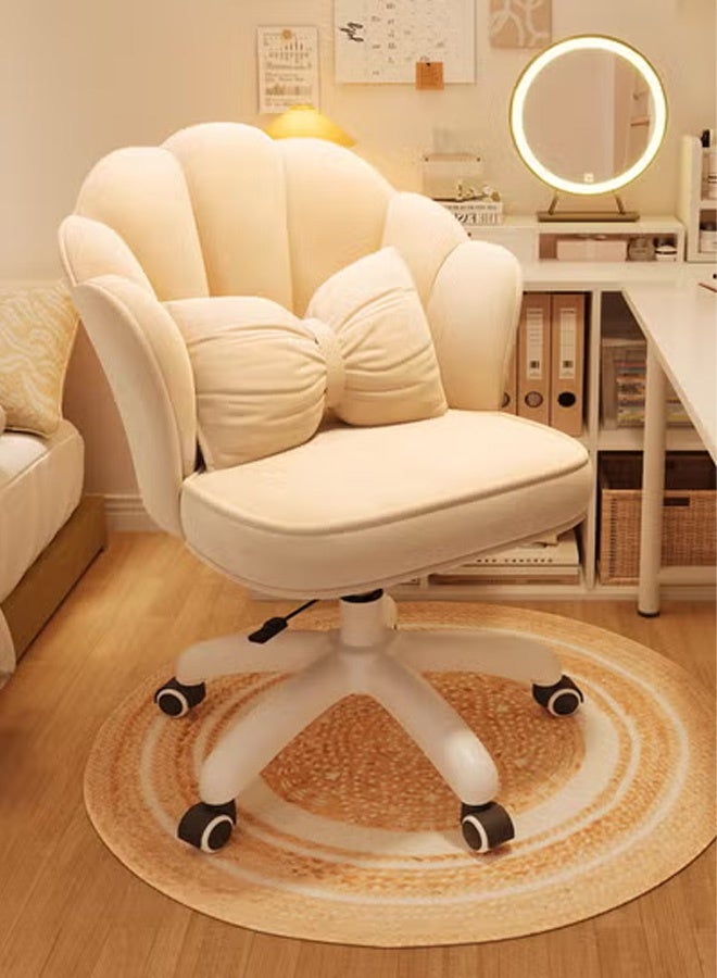 كرسي مكتب مريح بإرتفاع قابل للتعديل، كرسي تسريحه دوار 360 درجة مع عجلات، كرسي بتصميم أنيق علي شكل بتلات الزهور مبطن مع وسادة - بيج - Image 1