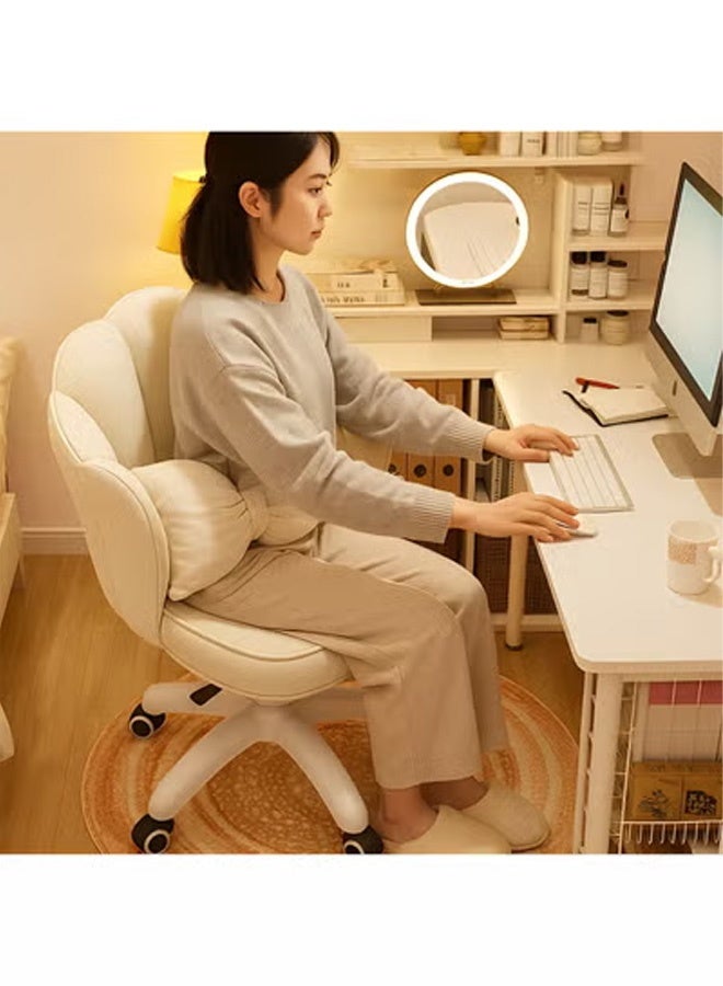 كرسي مكتب مريح بإرتفاع قابل للتعديل، كرسي تسريحه دوار 360 درجة مع عجلات، كرسي بتصميم أنيق علي شكل بتلات الزهور مبطن مع وسادة - بيج - Image 2