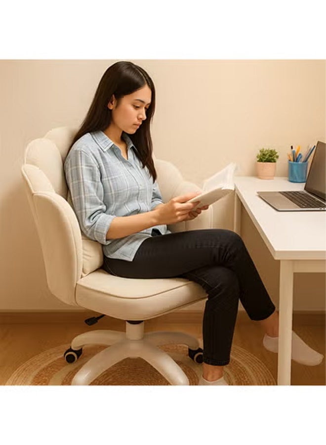 كرسي مكتب مريح بإرتفاع قابل للتعديل، كرسي تسريحه دوار 360 درجة مع عجلات، كرسي بتصميم أنيق علي شكل بتلات الزهور مبطن مع وسادة - بيج - Image 3