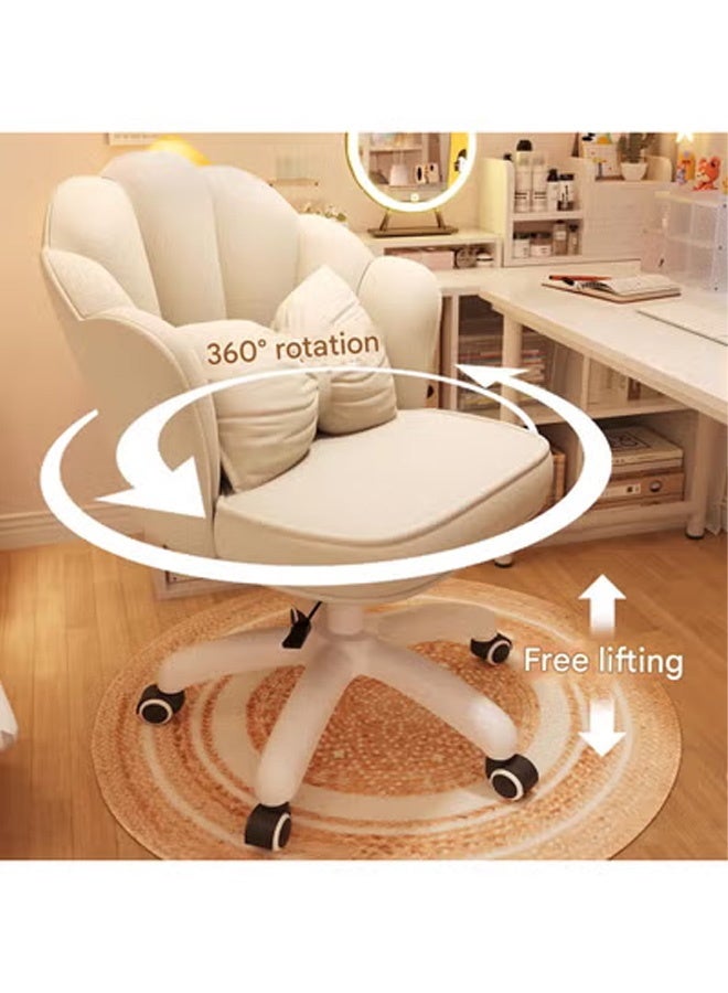 كرسي مكتب مريح بإرتفاع قابل للتعديل، كرسي تسريحه دوار 360 درجة مع عجلات، كرسي بتصميم أنيق علي شكل بتلات الزهور مبطن مع وسادة - بيج - Image 4