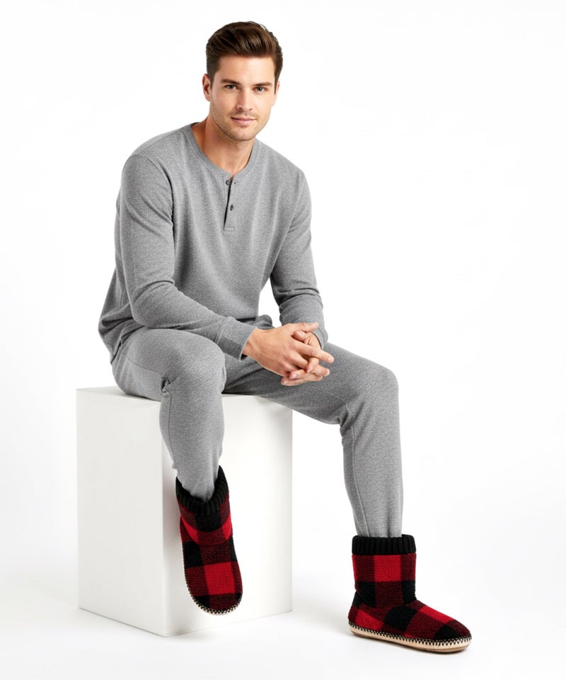 Cozylook Men's Warm Up House Boots, Thick Fuzzy Sherpa Fleece Winter Moccasin Socks Non-slip Soles, Cozy Soft Comfy Indoor Shoes Rubber Grippers, Checkred 8-9 - Image 2