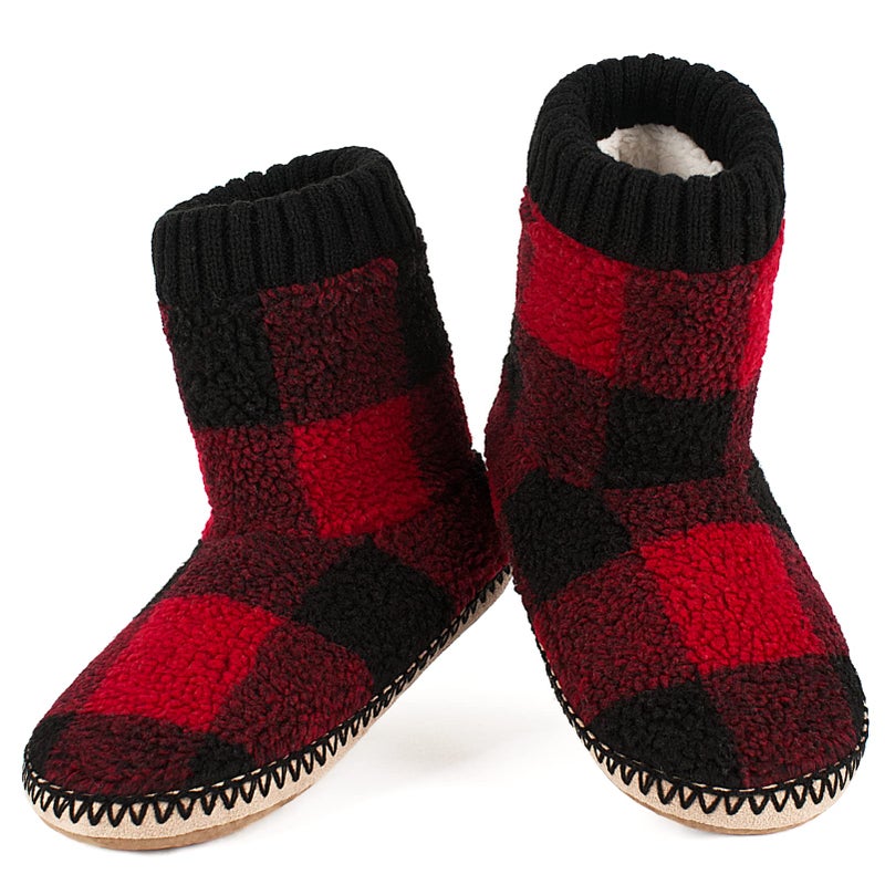 Cozylook Men's Warm Up House Boots, Thick Fuzzy Sherpa Fleece Winter Moccasin Socks Non-slip Soles, Cozy Soft Comfy Indoor Shoes Rubber Grippers, Checkred 8-9 - Image 1