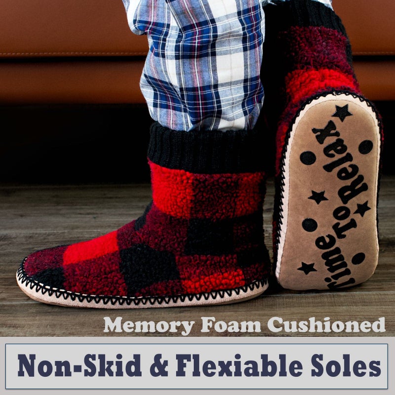 Cozylook Men's Warm Up House Boots, Thick Fuzzy Sherpa Fleece Winter Moccasin Socks Non-slip Soles, Cozy Soft Comfy Indoor Shoes Rubber Grippers, Checkred 8-9 - Image 5