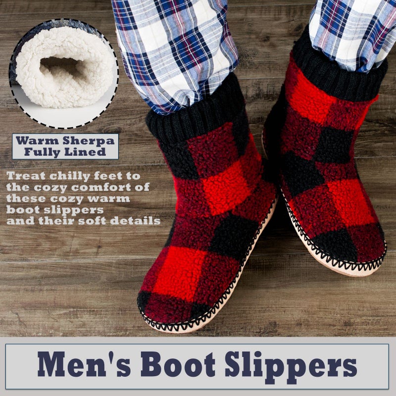 Cozylook Men's Warm Up House Boots, Thick Fuzzy Sherpa Fleece Winter Moccasin Socks Non-slip Soles, Cozy Soft Comfy Indoor Shoes Rubber Grippers, Checkred 8-9 - Image 4