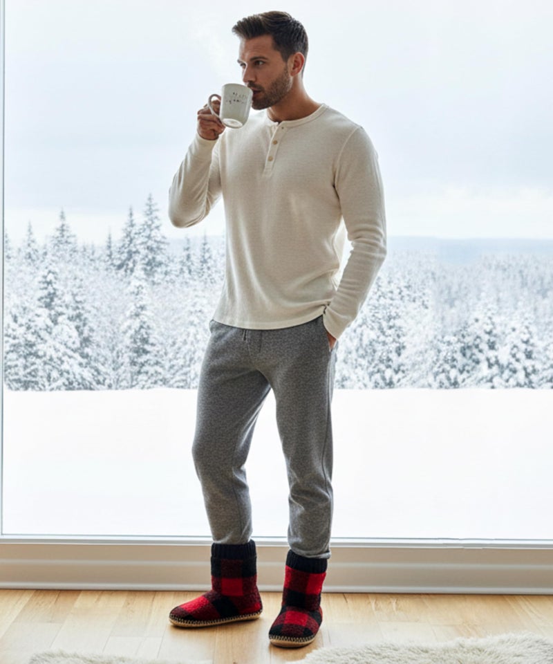 Cozylook Men's Warm Up House Boots, Thick Fuzzy Sherpa Fleece Winter Moccasin Socks Non-slip Soles, Cozy Soft Comfy Indoor Shoes Rubber Grippers, Checkred 8-9 - Image 3