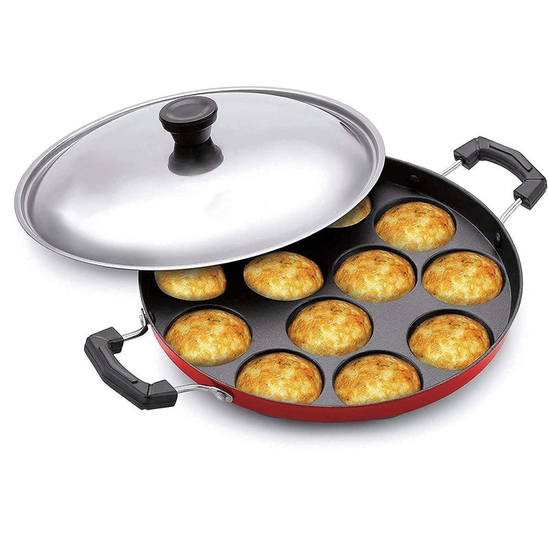 HEYOL Appam Patra Two Side Handle with Steel lid & Wooden Picker (with Lid) 200mm Nonstick - Image 1