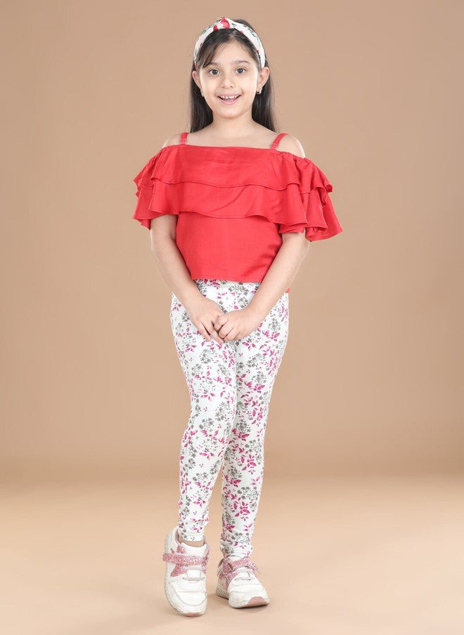 StyleStone Girls White & Pink Floral Printed Cotton Jeggings - Image 4