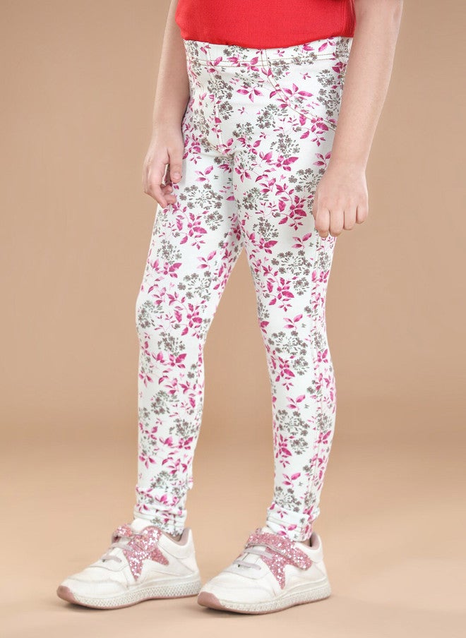 StyleStone Girls White & Pink Floral Printed Cotton Jeggings - Image 2