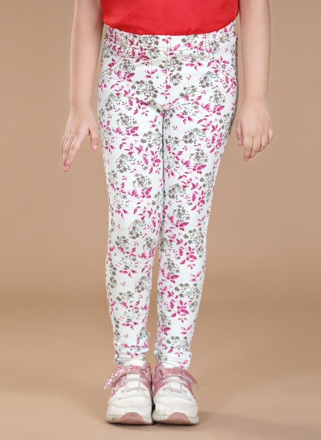StyleStone Girls White & Pink Floral Printed Cotton Jeggings - Image 1