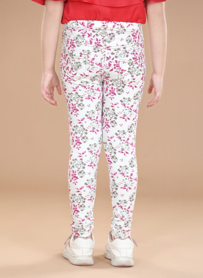 StyleStone Girls White & Pink Floral Printed Cotton Jeggings - Image 3