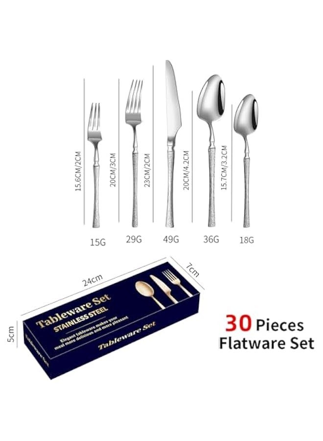 30-Piece Elegant Stainless Steel Cutlery Set, Dishwasher Safe Mirror Polished Tableware for 6 people, Exquisite Dinnerware Including Steak Knives/Forks/Spoons/Dessert Spoons (Silver 30L) - Image 2