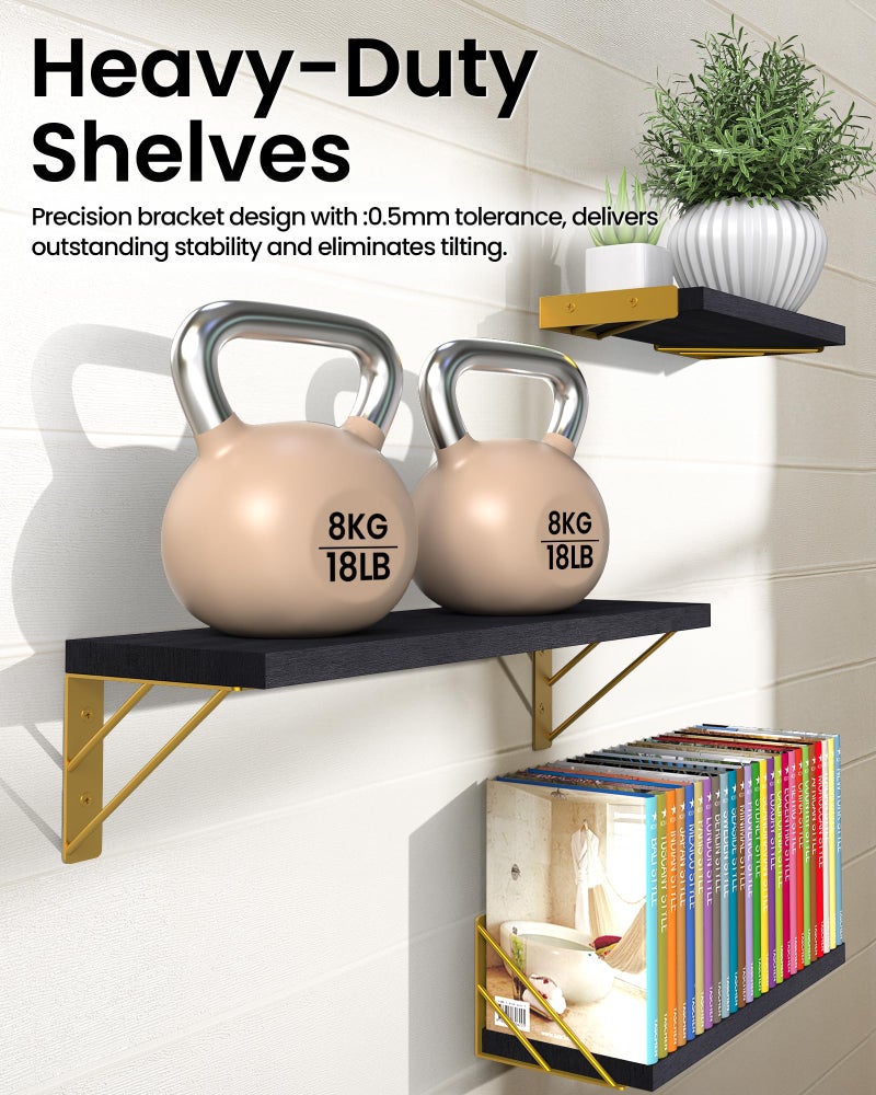 BAYKA Wall Shelves for Bedroom Decor, Floating Shelves for Living Room Kitchen Storage, Mounted Rustic Wood Floating Shelves for Kids Books, Corner Shelves for Bathroom, Office(Black Gold,Set of 3) - Image 4