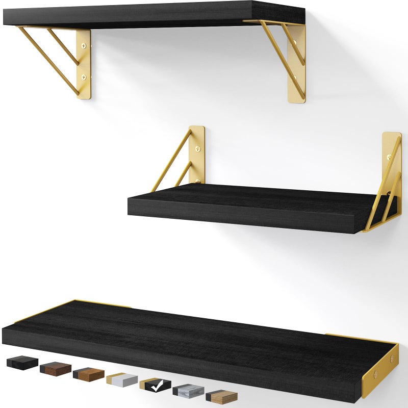 BAYKA Wall Shelves for Bedroom Decor, Floating Shelves for Living Room Kitchen Storage, Mounted Rustic Wood Floating Shelves for Kids Books, Corner Shelves for Bathroom, Office(Black Gold,Set of 3) - Image 1