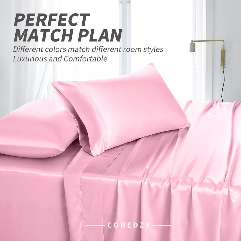Cobedzy 4 Piece Luxury Full Size Sheet Sets  Soft Silky Bed Sheets Full  Pink Satin Sheets Full with 1 Deep Pocket Fitted Sheet 1 Flat Sheet 2 Satin Pillowcases - Image 3