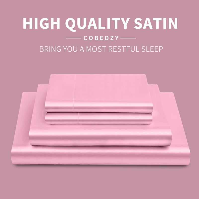 Cobedzy 4 Piece Luxury Full Size Sheet Sets  Soft Silky Bed Sheets Full  Pink Satin Sheets Full with 1 Deep Pocket Fitted Sheet 1 Flat Sheet 2 Satin Pillowcases - Image 4