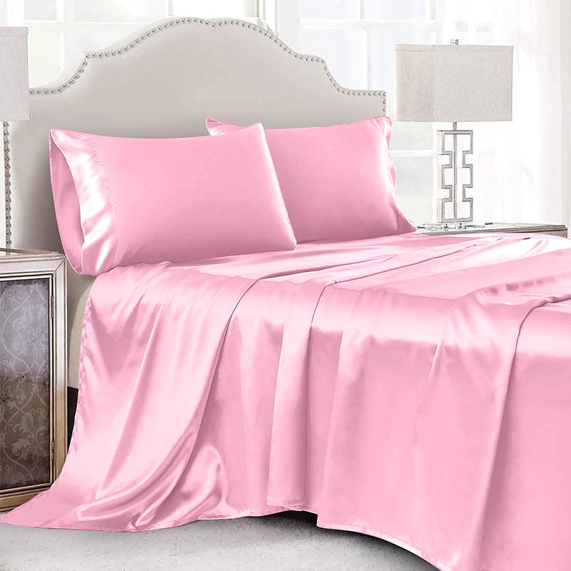 Cobedzy 4 Piece Luxury Full Size Sheet Sets  Soft Silky Bed Sheets Full  Pink Satin Sheets Full with 1 Deep Pocket Fitted Sheet 1 Flat Sheet 2 Satin Pillowcases - Image 1