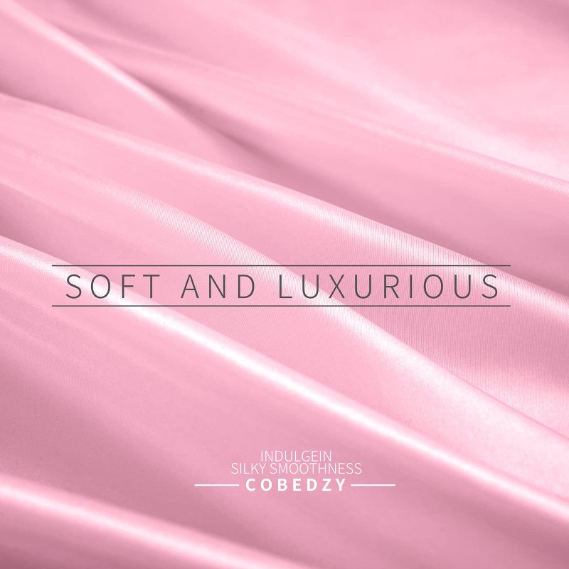 Cobedzy 4 Piece Luxury Full Size Sheet Sets  Soft Silky Bed Sheets Full  Pink Satin Sheets Full with 1 Deep Pocket Fitted Sheet 1 Flat Sheet 2 Satin Pillowcases - Image 5