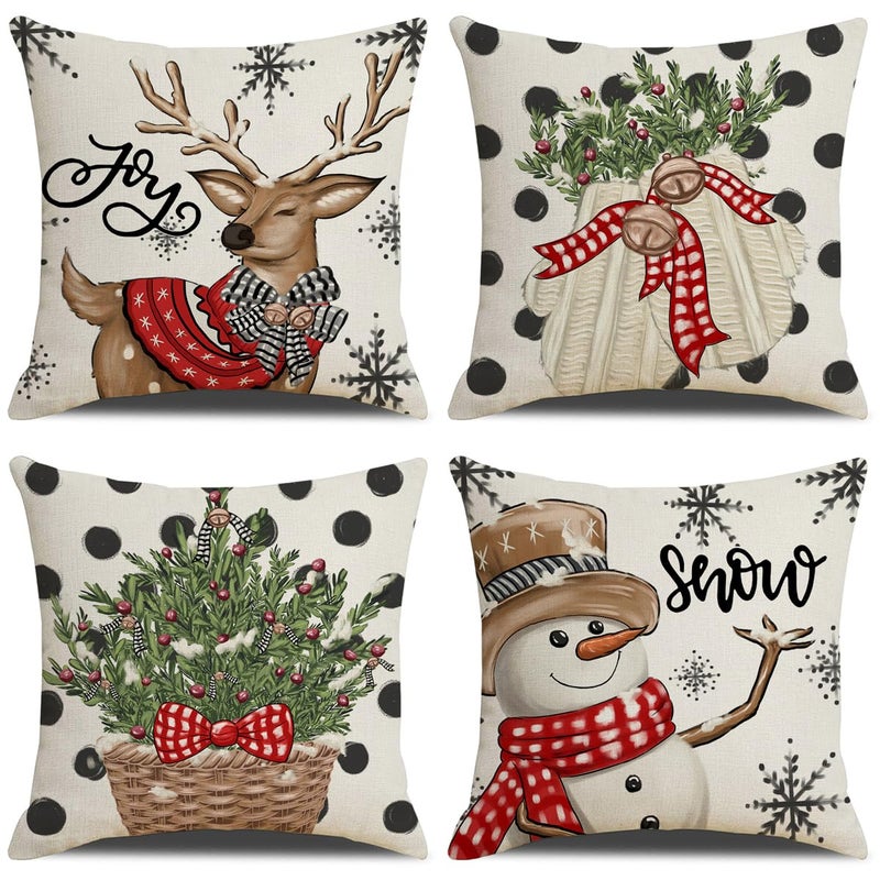 LITIVY LITIVY Christmas Decor Pillow Covers Set of 4 Decorative Throw Pillowcase for Winter Xmas Holiday Home Decor for Sofa Couch (Christmas Tree Snowman Gloves Deer) (18""x18""  Black)  - Image 1