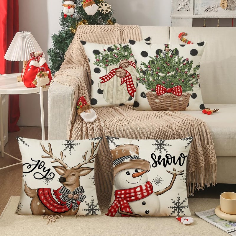 LITIVY LITIVY Christmas Decor Pillow Covers Set of 4 Decorative Throw Pillowcase for Winter Xmas Holiday Home Decor for Sofa Couch (Christmas Tree Snowman Gloves Deer) (18""x18""  Black)  - Image 5