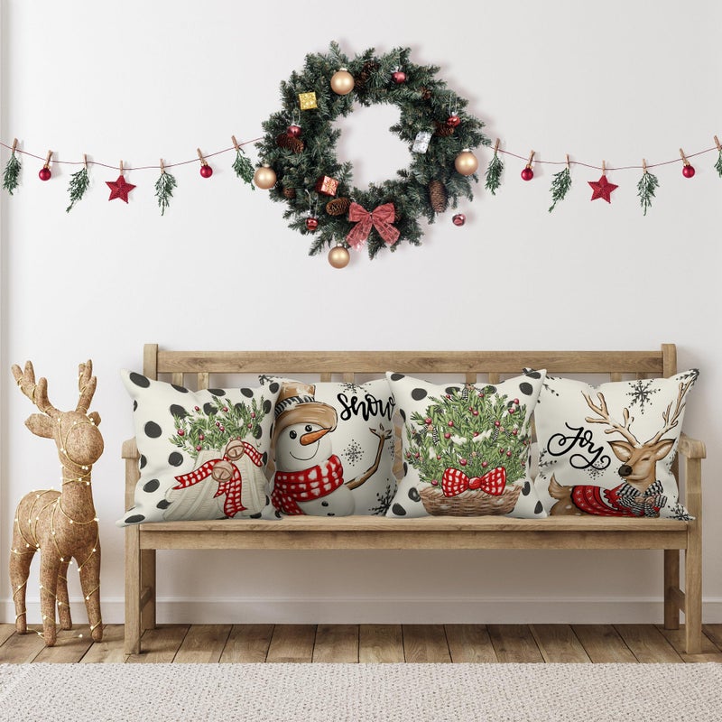 LITIVY LITIVY Christmas Decor Pillow Covers Set of 4 Decorative Throw Pillowcase for Winter Xmas Holiday Home Decor for Sofa Couch (Christmas Tree Snowman Gloves Deer) (18""x18""  Black)  - Image 2