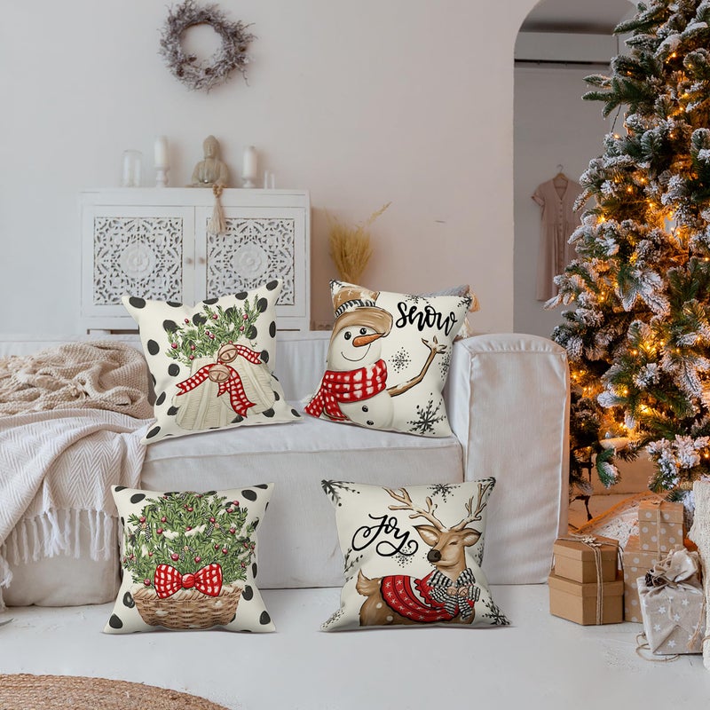 LITIVY LITIVY Christmas Decor Pillow Covers Set of 4 Decorative Throw Pillowcase for Winter Xmas Holiday Home Decor for Sofa Couch (Christmas Tree Snowman Gloves Deer) (18""x18""  Black)  - Image 3
