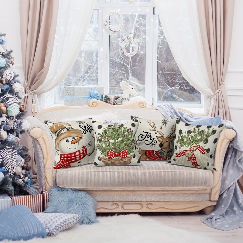 LITIVY LITIVY Christmas Decor Pillow Covers Set of 4 Decorative Throw Pillowcase for Winter Xmas Holiday Home Decor for Sofa Couch (Christmas Tree Snowman Gloves Deer) (18""x18""  Black)  - Image 4