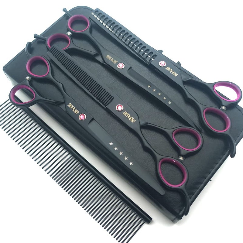 Professional Dog Grooming Shears Set Dogs Straight thinning Curved scissors chunkers Scissorswith comb in 1 Set for Righthanded Lefthanded 7 in Black Lefthanded