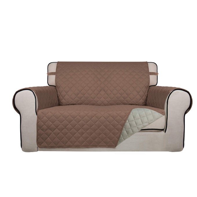 REVERSIBLE QUILTED SOFA COVER WATER RESISTANT MEDIUM SLIPCOVER FURNITURE PROTECTOR WASHABLE COUCH COVER WITH NON SLIP FOAM AND ELASTIC STRAPS FOR KIDS DOGS PETS LOVESEAT BROWNBEIGE
