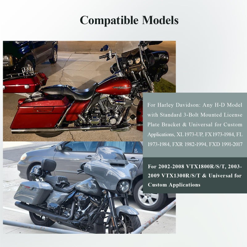 WFCYX 3148 Black 3 Hole Curved Laydown License Plate Mount Bracket w/Frame, Fit for All Harley Davidson Model w/Standard 3-Bolt Mounted License Plate Bracket, 02-08 VTX1800R/S/T, 03-09 VTX1300R/S/T - Image 3
