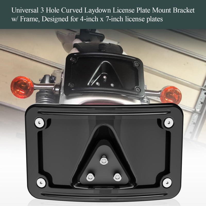 WFCYX 3148 Black 3 Hole Curved Laydown License Plate Mount Bracket w/Frame, Fit for All Harley Davidson Model w/Standard 3-Bolt Mounted License Plate Bracket, 02-08 VTX1800R/S/T, 03-09 VTX1300R/S/T - Image 2
