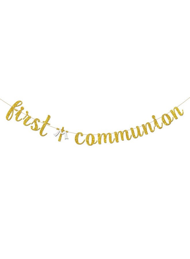 INNORU First Communion Banner, Religious God Bless Party Hanging Bunting, Baby Shower Christening Baptism Party Decorations Supplies Banner, Gold Glitter - Image 1