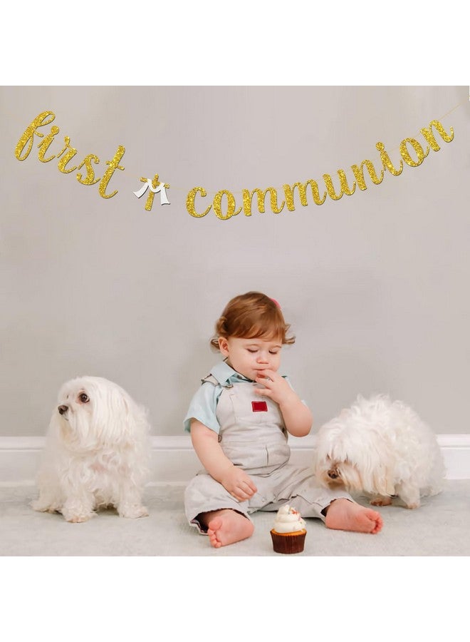 INNORU First Communion Banner, Religious God Bless Party Hanging Bunting, Baby Shower Christening Baptism Party Decorations Supplies Banner, Gold Glitter - Image 3
