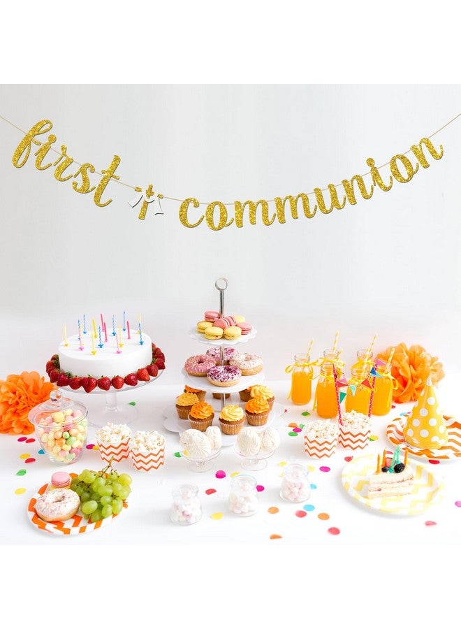 INNORU First Communion Banner, Religious God Bless Party Hanging Bunting, Baby Shower Christening Baptism Party Decorations Supplies Banner, Gold Glitter - Image 4