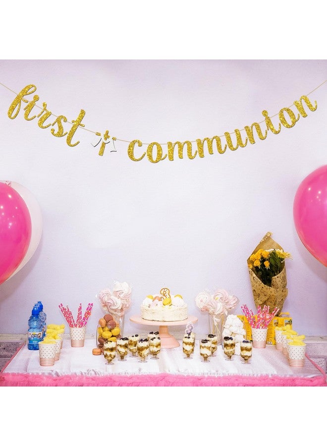 INNORU First Communion Banner, Religious God Bless Party Hanging Bunting, Baby Shower Christening Baptism Party Decorations Supplies Banner, Gold Glitter - Image 5