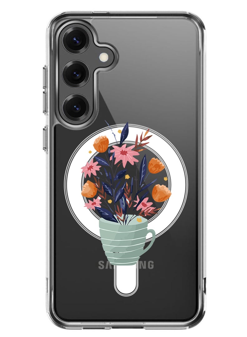 Theodor Magnetic Case for Samsung Galaxy S25 6.2-inch Compatible with MagSafe Wireless Charging, Shockproof Phone Bumper Cover Cup of Flower - Image 1