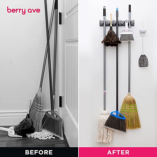 Berry Ave Broom Holder Wall Mount and Garden Tool Organizer, Closet Storage, Kitchen Rack, Home Organization and Garage Organizer for Rake or Mop Handles Up to 1.25-Inches, Hanger Plus 6 Hooks (Grey) - Image 5