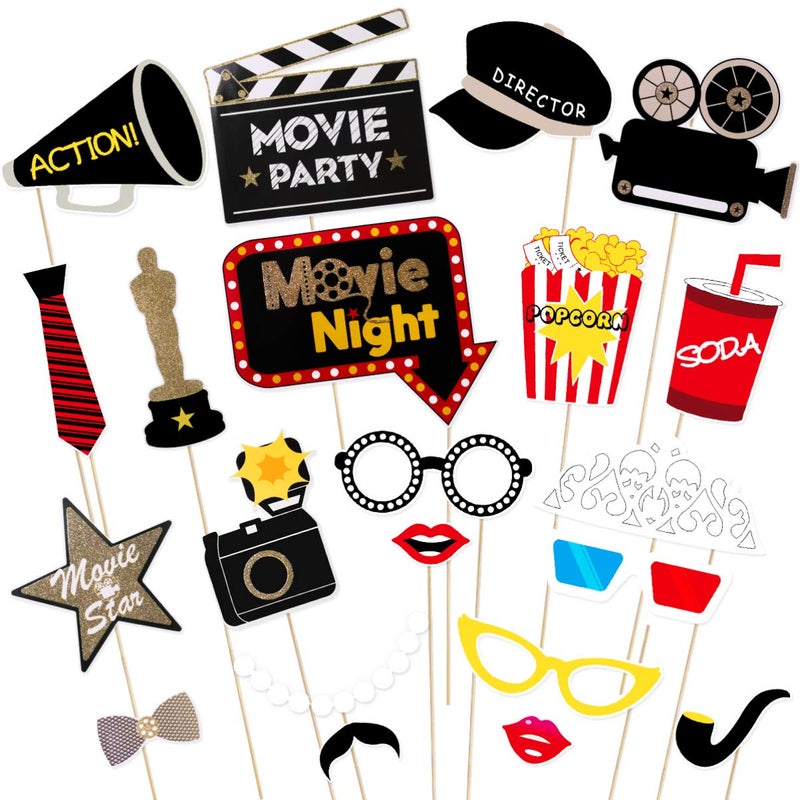 21Pcs Photo Booth Props for Movie Night Themed Party Supplies Photobooth Kit for Birthday Wedding Graduation Bachelorette Party Decorations