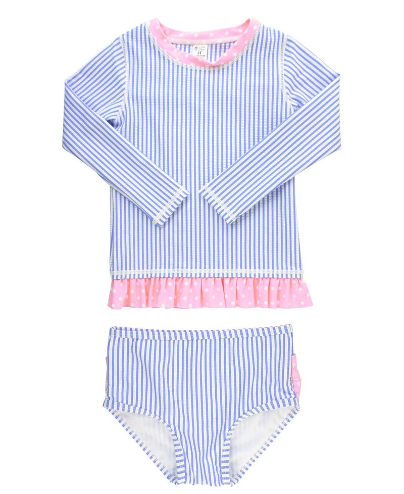 RuffleButts Girls Periwinkle Seersucker Long Sleeve Rash Guard Bikini 6 - Image 2