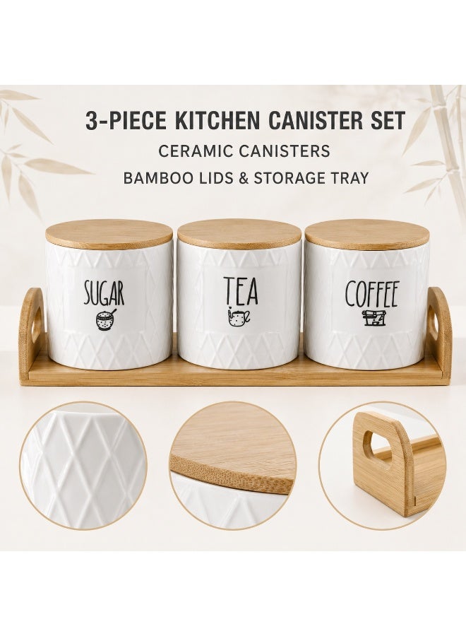 3-Piece Ceramic Kitchen Canister Set with Bamboo Lids and Wooden Storage Tray for Sugar Tea Coffee - White - Image 2