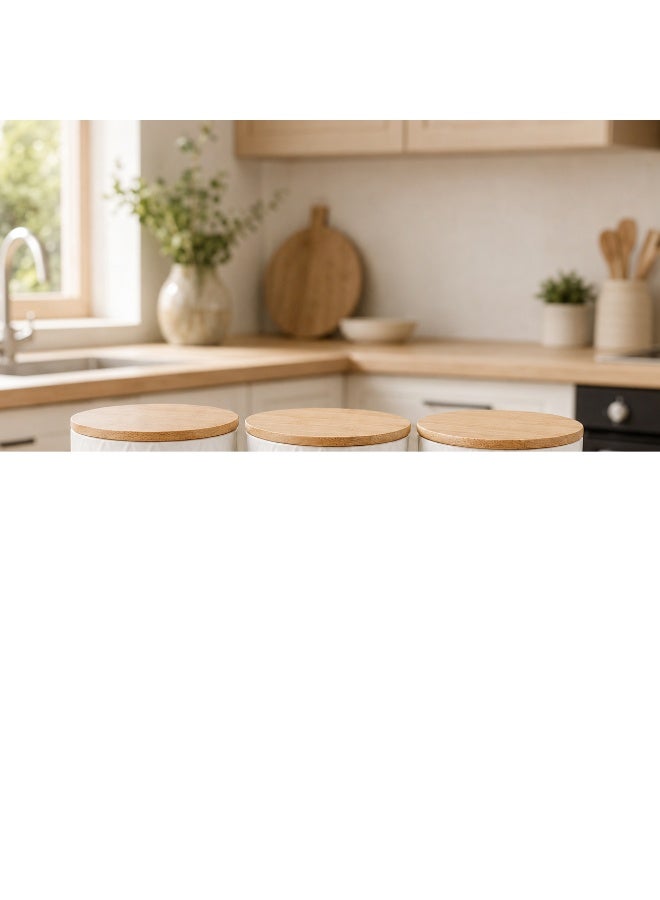 3-Piece Ceramic Kitchen Canister Set with Bamboo Lids and Wooden Storage Tray for Sugar Tea Coffee - White - Image 3