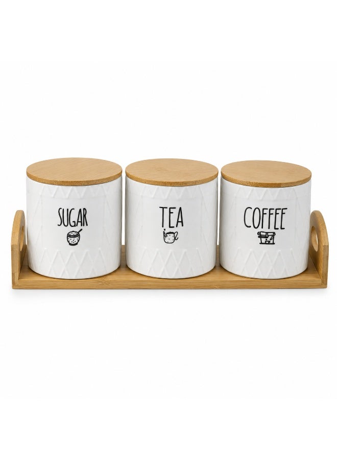 3-Piece Ceramic Kitchen Canister Set with Bamboo Lids and Wooden Storage Tray for Sugar Tea Coffee - White - Image 1