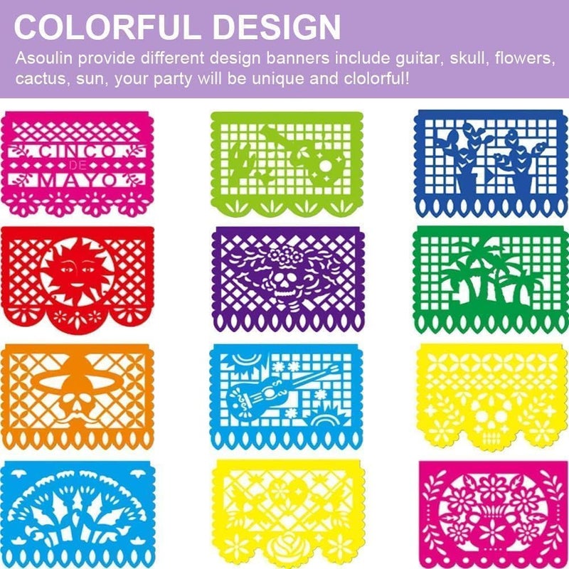 Asoulin 6PCS Mexican Party Banners, Cinco De Mayo Decoration Fiesta Party Decoration, Mexican Themed Party Decor 5 De Mayo Banner Plastic Papel Picado, Mexico Birthday Party Supplies -12 Patterns/90FT - Image 4