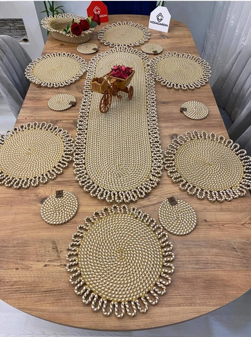 بدز ديري BDZ Leather Wicker Jute Presentation Plate Mat American Service Runner Basket and Cup Holder 14 Pieces