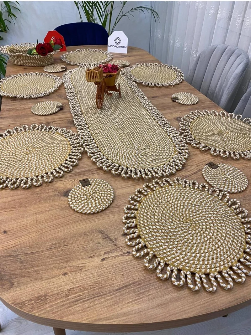 بدز ديري BDZ Leather Wicker Jute Presentation Plate Mat American Service Runner Basket and Cup Holder 14 Pieces