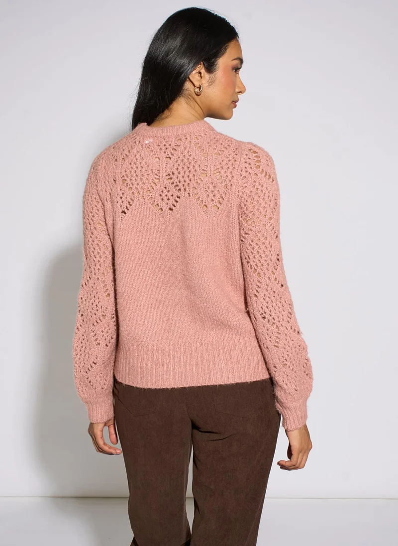 Gini London  Pink Crochet Yoke Long Sleeve Jumper for Women | Best Price UAE
