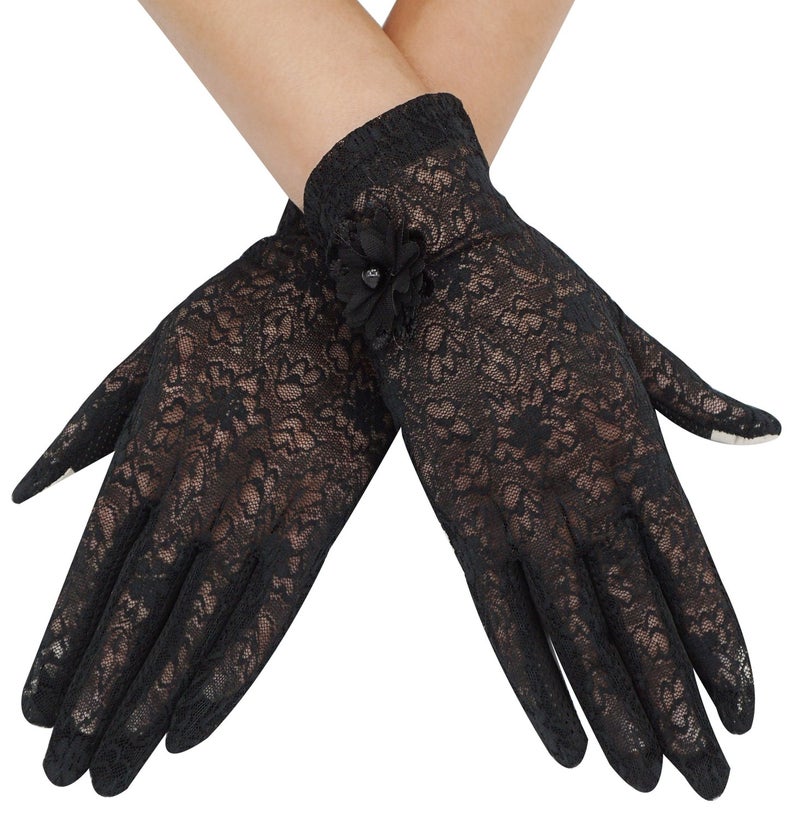Bienvenu Women's Summer Touchscreen Non-slip Gloves, Lady’s Evening Elegant Short Lace Gloves, Black - Image 1