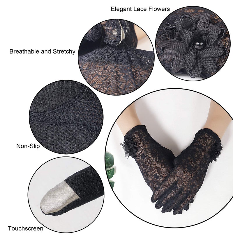 Bienvenu Women's Summer Touchscreen Non-slip Gloves, Lady’s Evening Elegant Short Lace Gloves, Black - Image 4