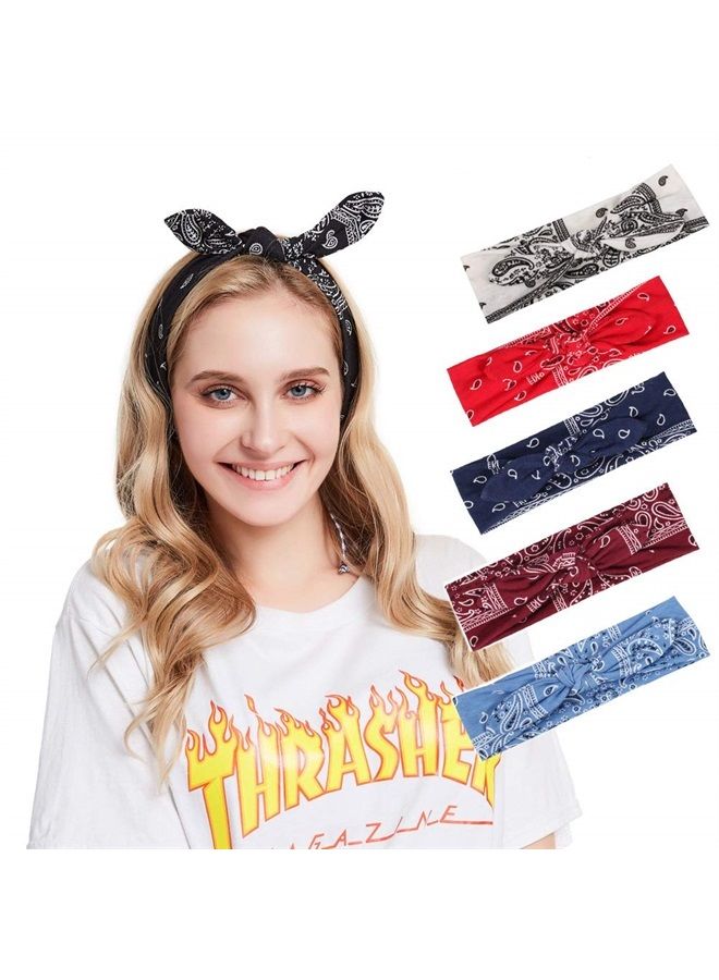 Yeshan Boho Bow Headbands for Women Vintage Paisley Bandana Flower Printed Hairband Elastic Rabbit ear Head Wrap Cute Hair Accessories,pack of 6 - Image 1