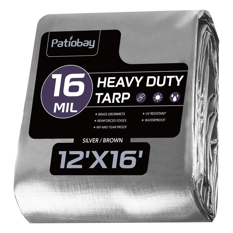 Patiobay Tarp 12x16FT, 16 Mil Large Tarp, Tarps Heavy Duty Waterproof with Grommets Every 23.6", 420D Thick Plastic Tarp, UV Resistant Tear&Fade Resistant, Reinforced Edges for Outdoor Pool Camp Tent - Image 1